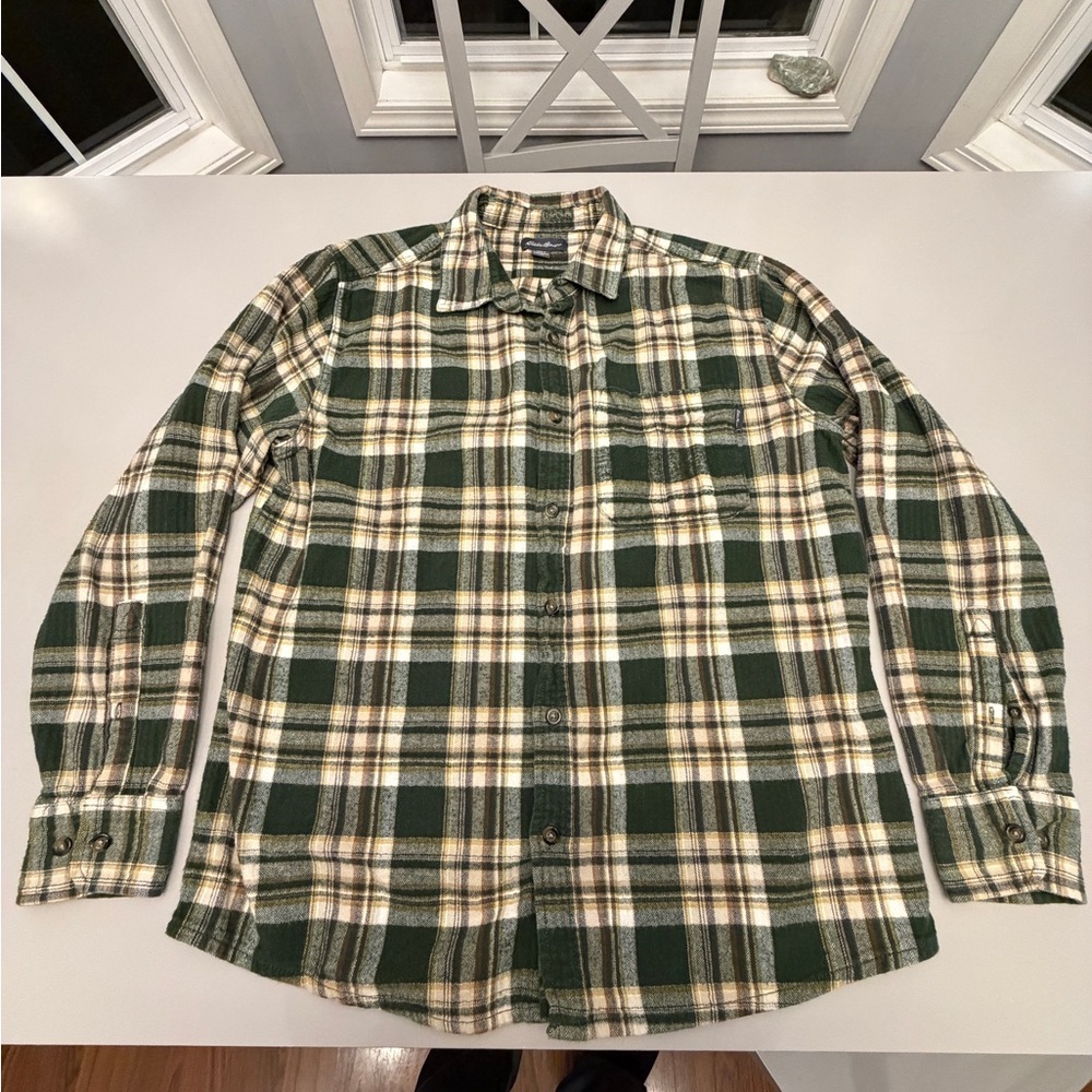 Eddie Bauer Forest‎ Green and Cream Plaid Shirt